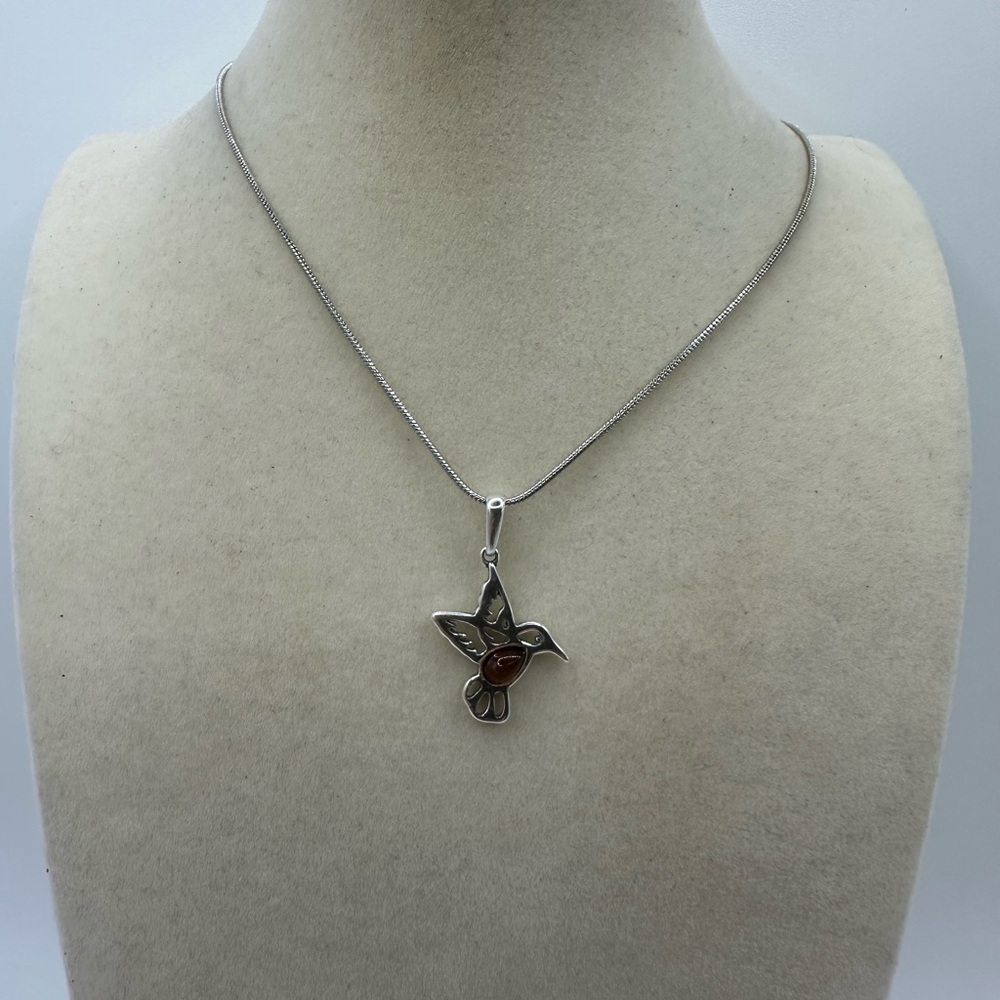 Silver and Amber Hummingbird Pendant Necklace on Silver Plated Snake Chain - Picture 6 of 8
